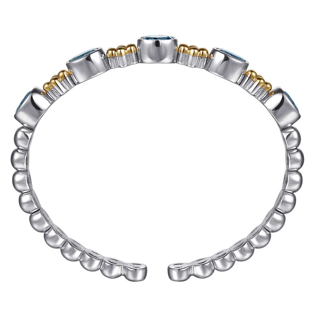 6.25" Sterling Silver & 14K Yellow Gold Bujukan Blue Topaz Open Bangle Bracelet