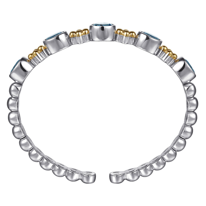 6.25" Sterling Silver & 14K Yellow Gold Bujukan Blue Topaz Open Bangle Bracelet