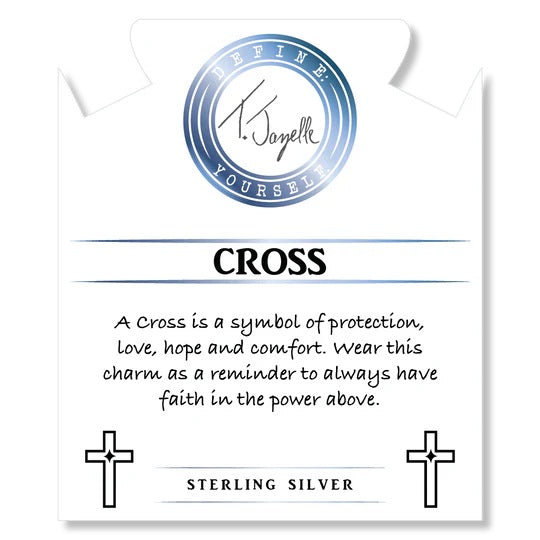 White Cats Eye Gemstone Bracelet with Cross CZ Sterling Silver Charm