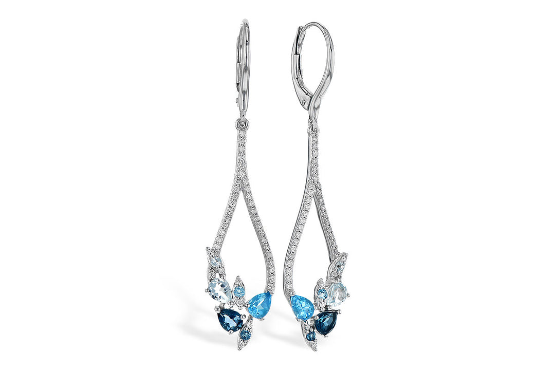 14K White Gold London, Sky & Swiss Blue Topaz and Diamond Dangle Earrings