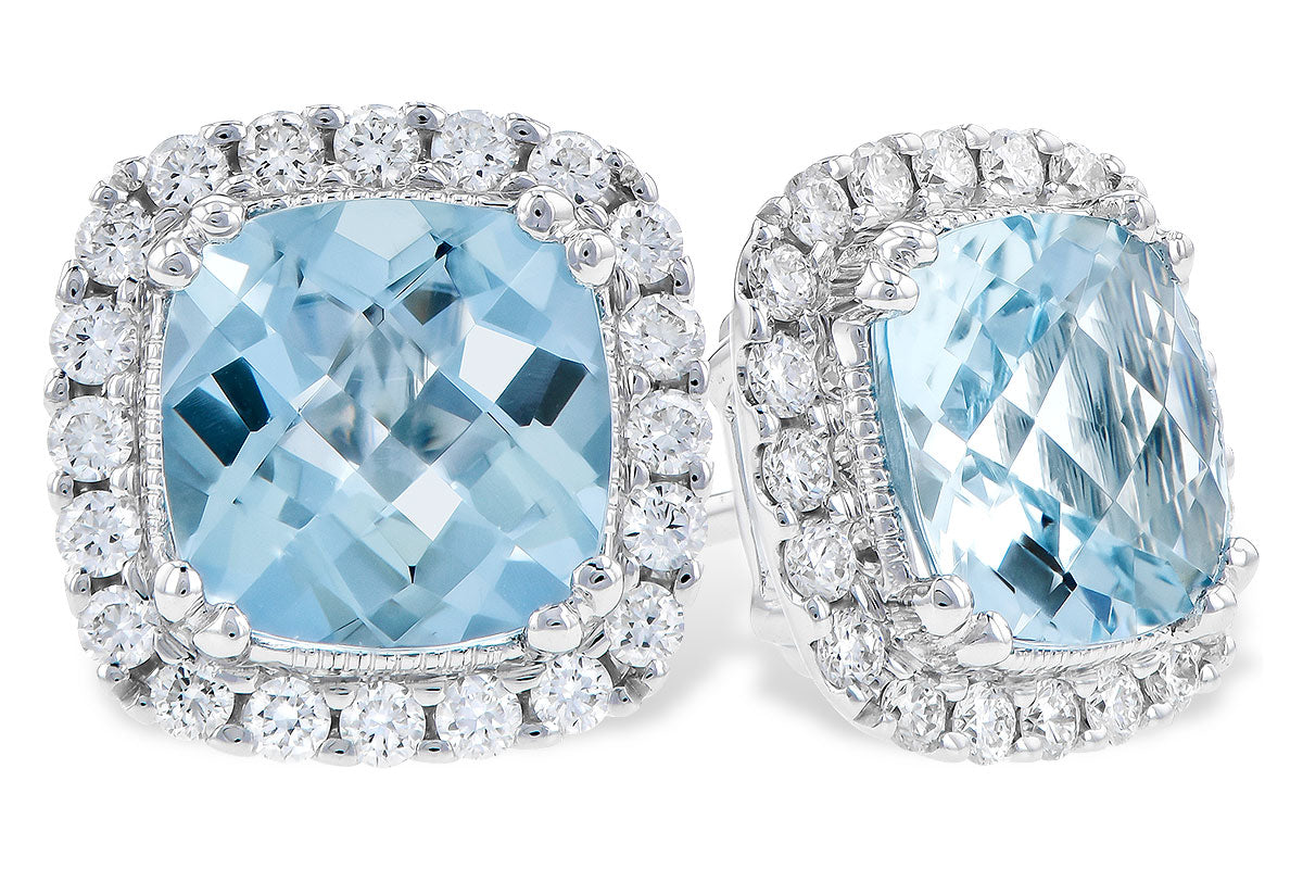 14K White Gold Cushion Cut Aquamarine & Diamond Halo Stud Earrings