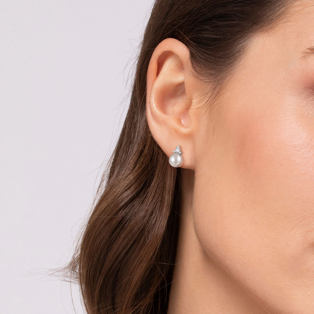 Sterling Silver Diamond Bujukan Pearl Stud Earrings