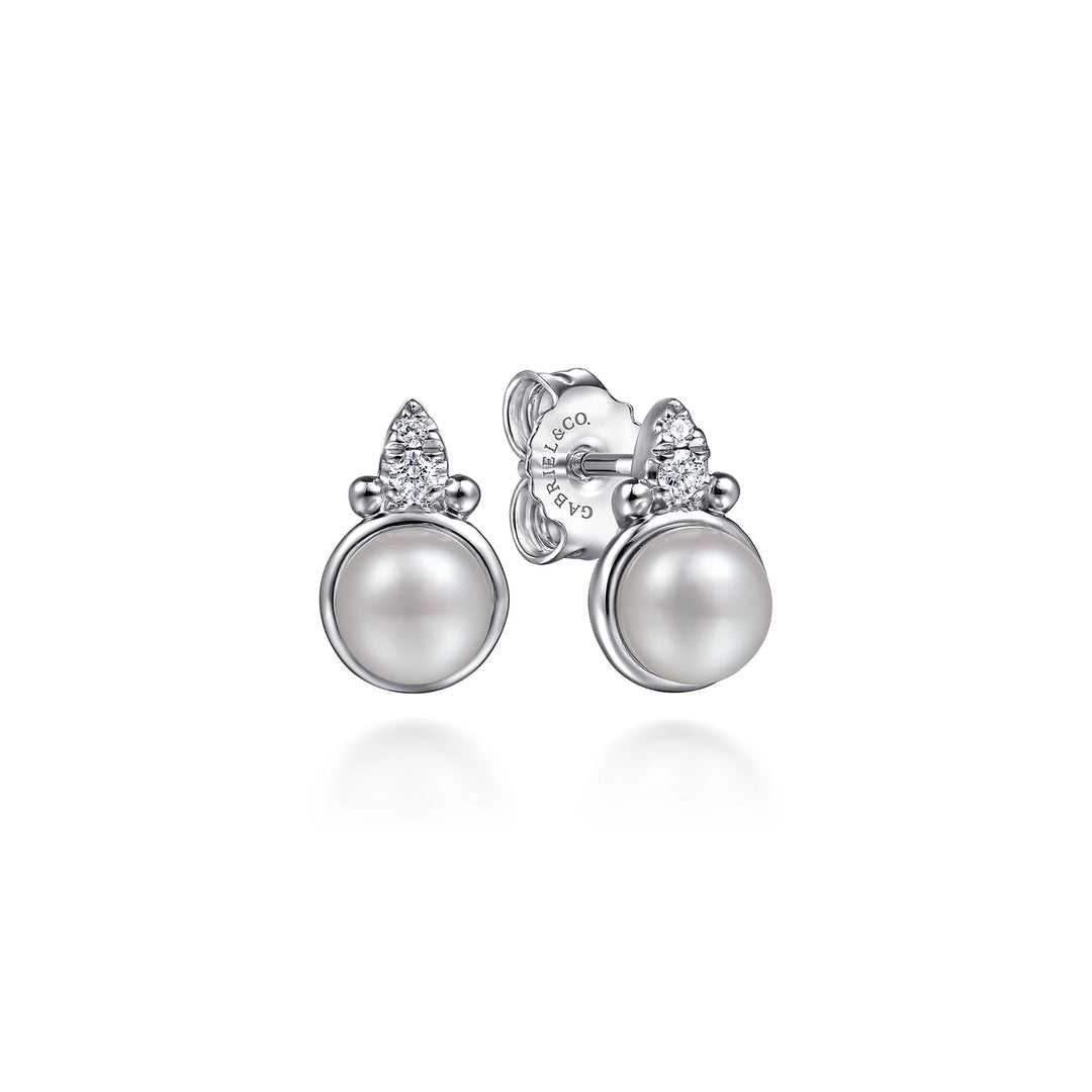 Sterling Silver Diamond Bujukan Pearl Stud Earrings