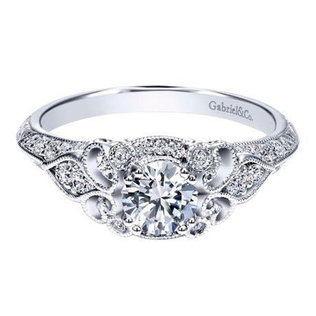 14K White-Yellow Victorian Round Halo Custom Diamond Engagement Ring
