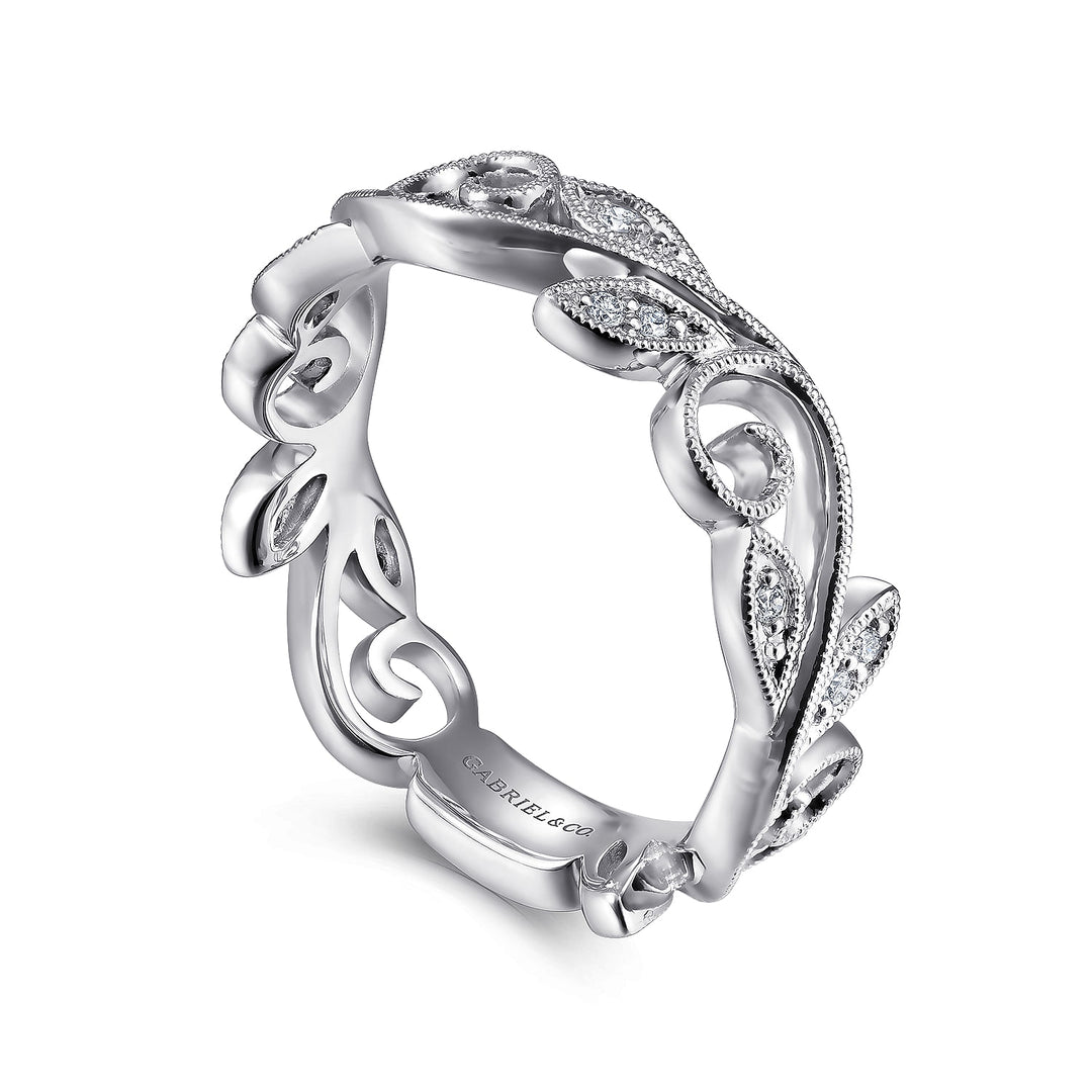 14K White Gold .09cttw Diamond Scrolling Floral Stackable Fashion Ring
