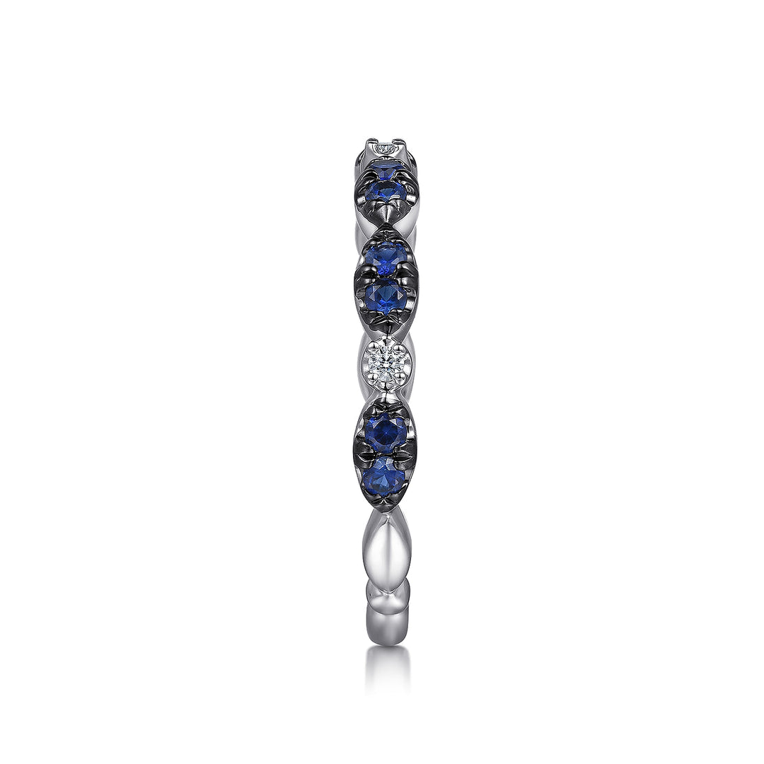 14K White Gold Black Rhodium Diamond & Blue Sapphire Stackable Ladies Ring