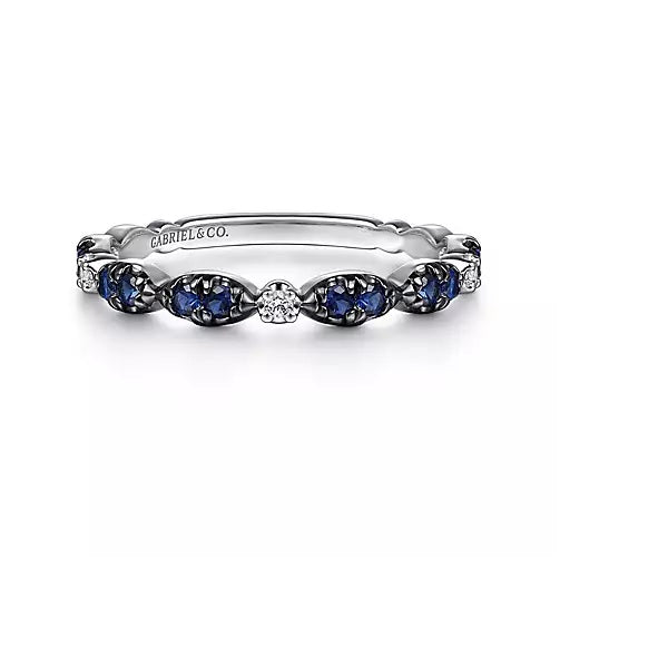 14K White Gold Black Rhodium Diamond & Blue Sapphire Stackable Ladies Ring