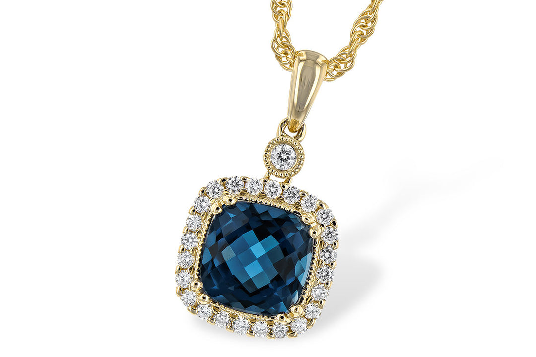 Cushion Cut Blue Topaz and Diamond Necklace 14K Yellow Gold