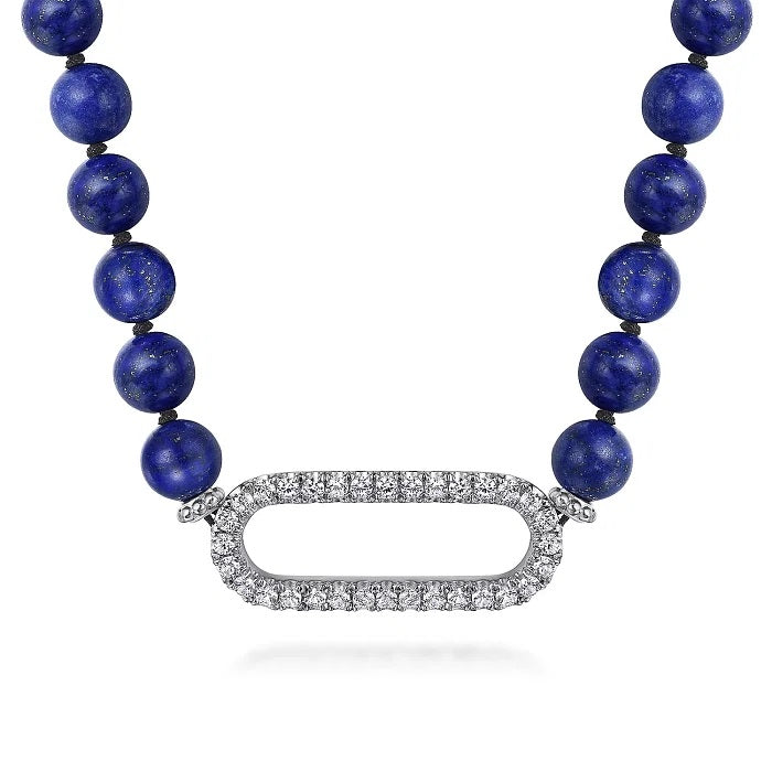 Sterling Silver White Sapphire and Lapis Beads 17 Inch Necklace