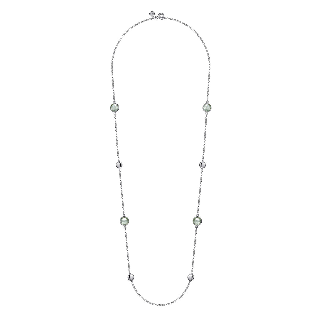 Sterling Silver 24 inch Bezel Green Amethyst and Round Hollow Silver Disk Station Necklace