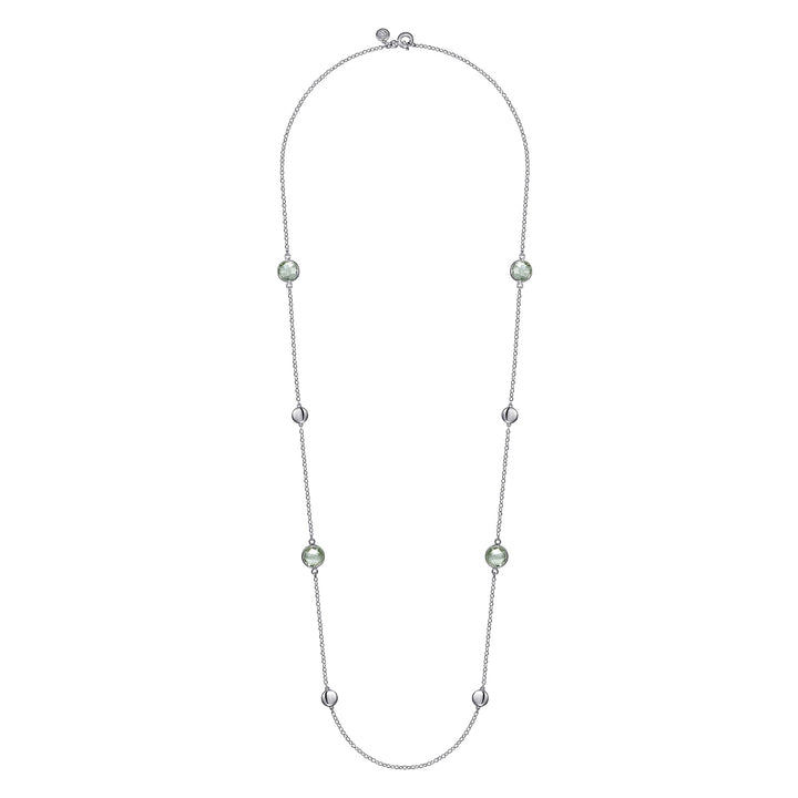Sterling Silver 24 inch Bezel Green Amethyst and Round Hollow Silver Disk Station Necklace