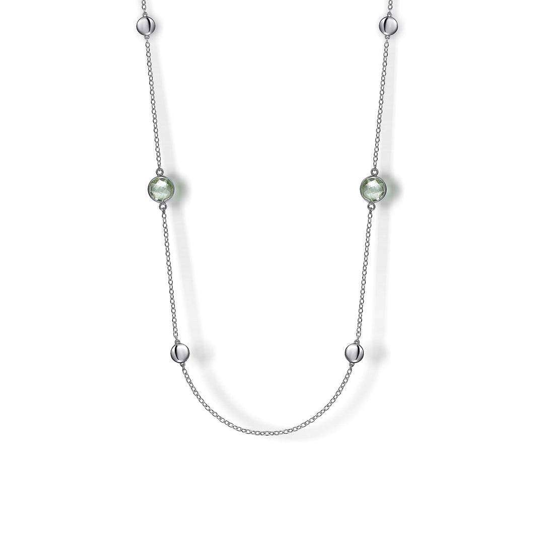 Sterling Silver 24 inch Bezel Green Amethyst and Round Hollow Silver Disk Station Necklace