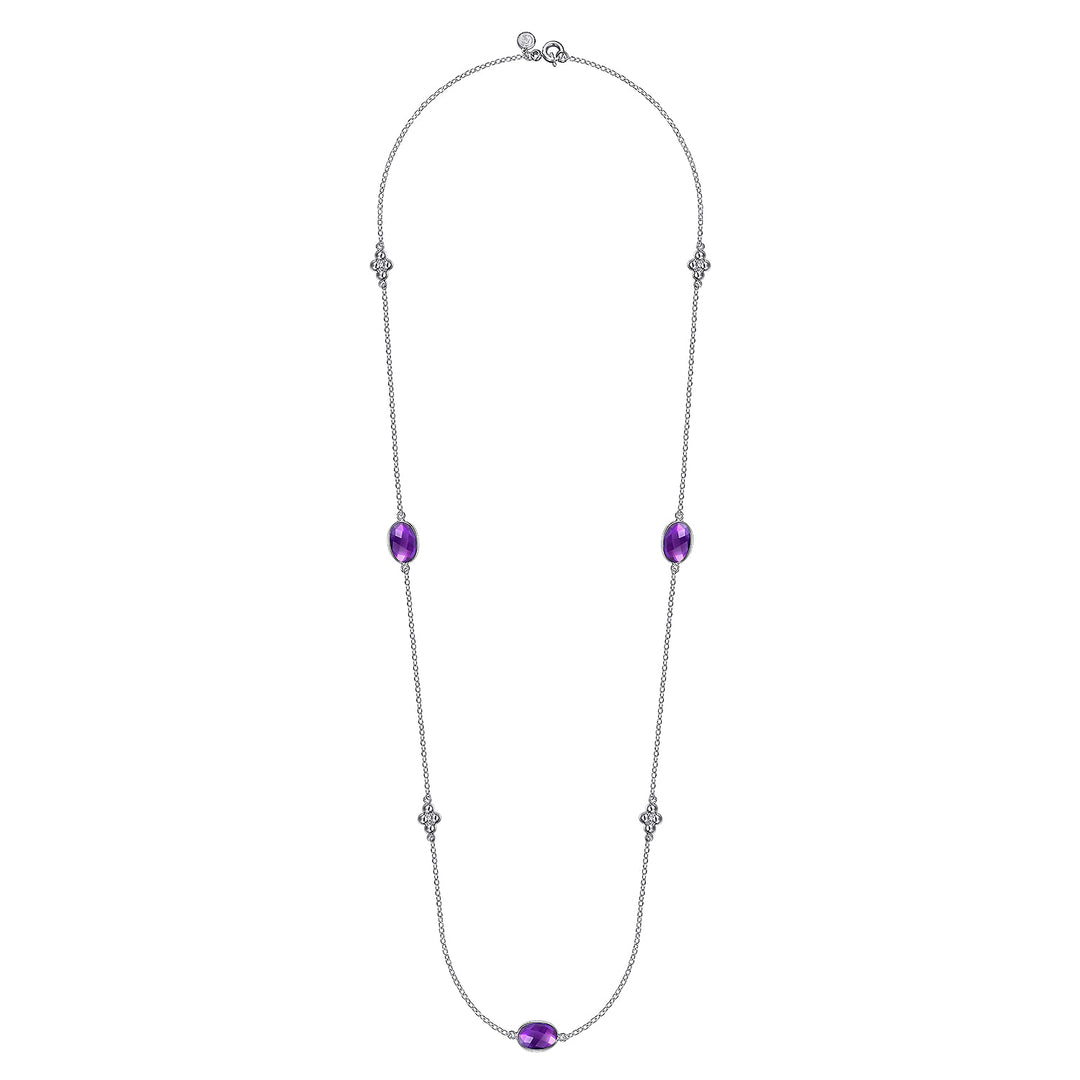 Sterling Silver 32 inch Bezel Oval Amethyst and Bujukan Beads Station Necklace