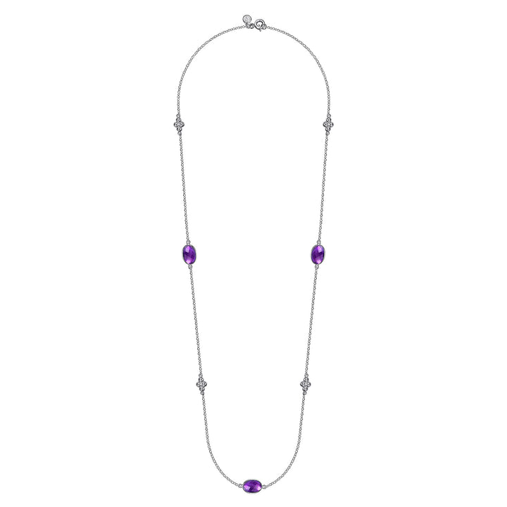 Sterling Silver 32 inch Bezel Oval Amethyst and Bujukan Beads Station Necklace