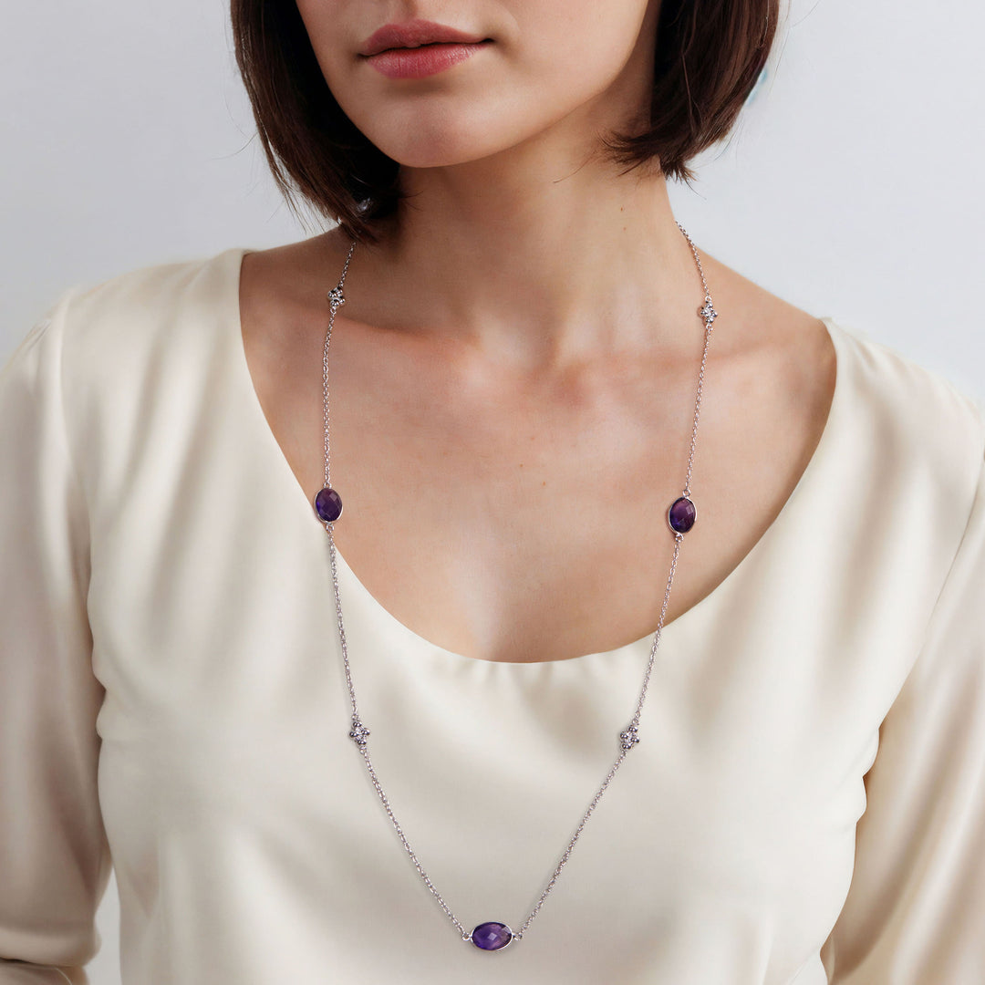 Sterling Silver 32 inch Bezel Oval Amethyst and Bujukan Beads Station Necklace