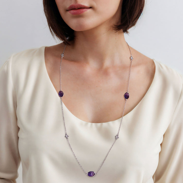 Sterling Silver 32 inch Bezel Oval Amethyst and Bujukan Beads Station Necklace