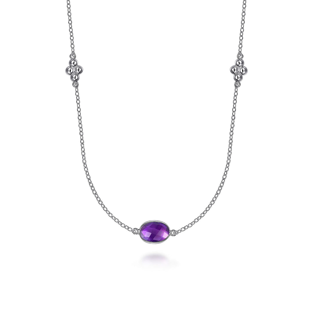 Sterling Silver 32 inch Bezel Oval Amethyst and Bujukan Beads Station Necklace