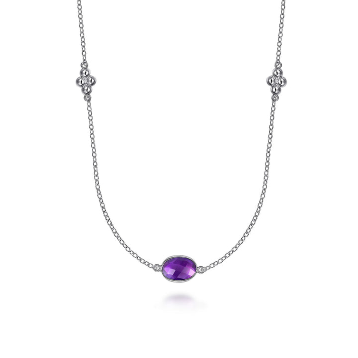 Sterling Silver 32 inch Bezel Oval Amethyst and Bujukan Beads Station Necklace