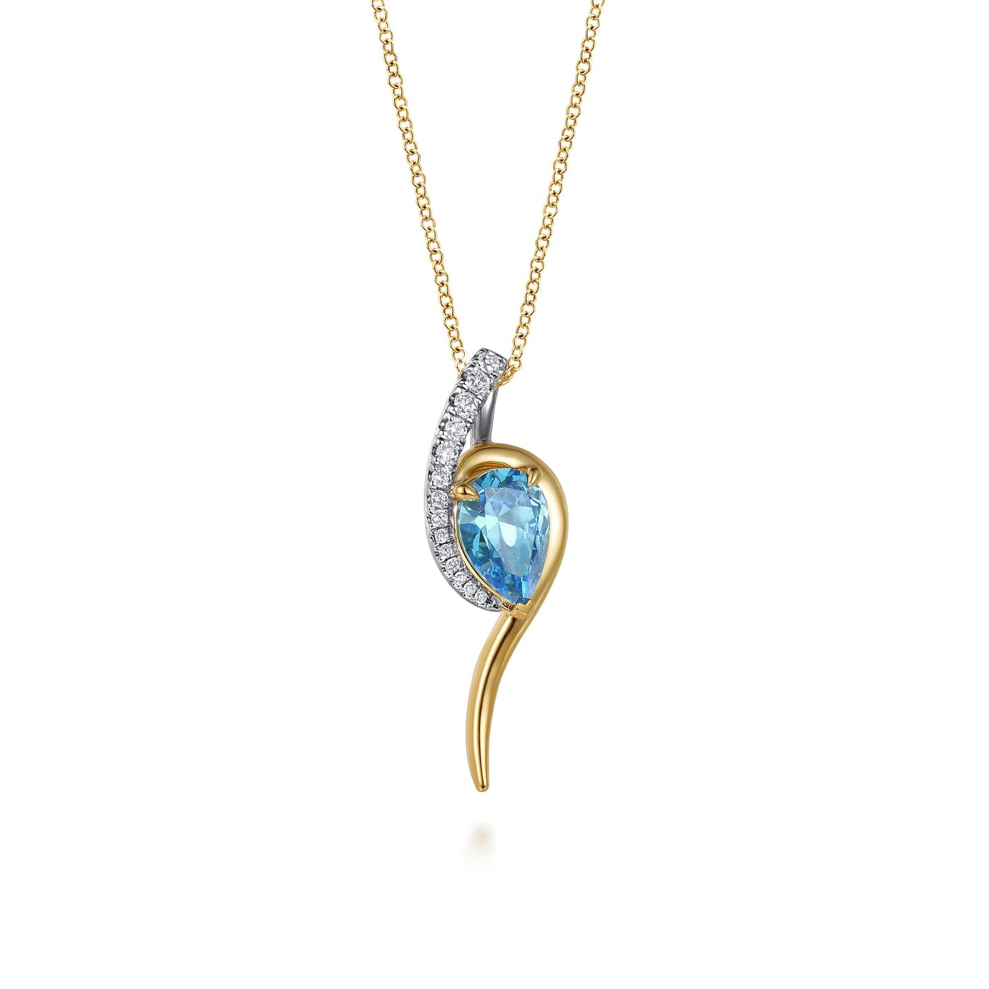 14K White & Yellow Gold Diamond and Pear Shape Blue Topaz Bypass Pendant Necklace