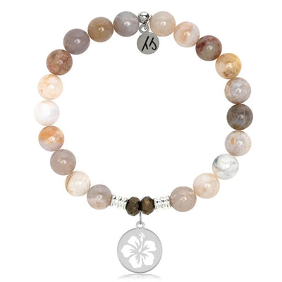 Australian Agate Gemstone Bracelet with Hibiscus Sterling Silver Charm