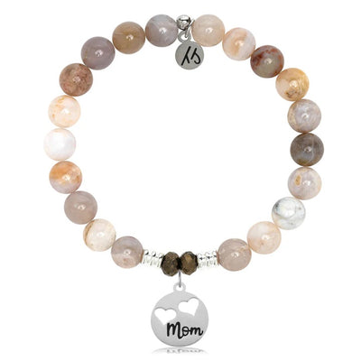 Australian Agate Gemstone Bracelet with Mom Hearts Sterling Silver Charm