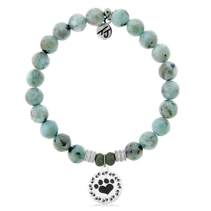 Larimar Gemstone Bracelet with Paw Print Sterling Silver Charm
