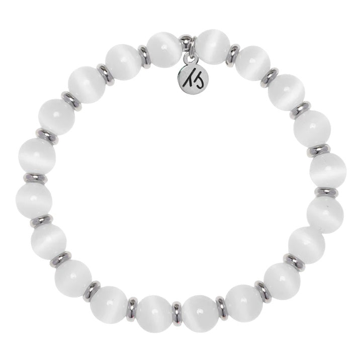 Silver Empowered Elegance Collection- White Cats Eye Gemstone Bracelet