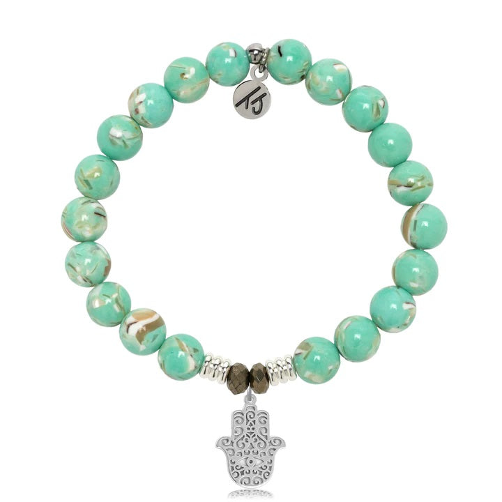Light Green Shell Gemstone Bracelet with Hamsa Sterling Silver Charm