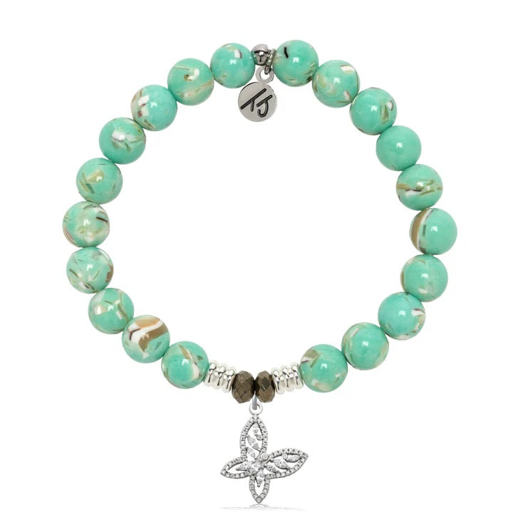Light Green Shell Gemstone Bracelet with Butterfly CZ Sterling Silver Charm