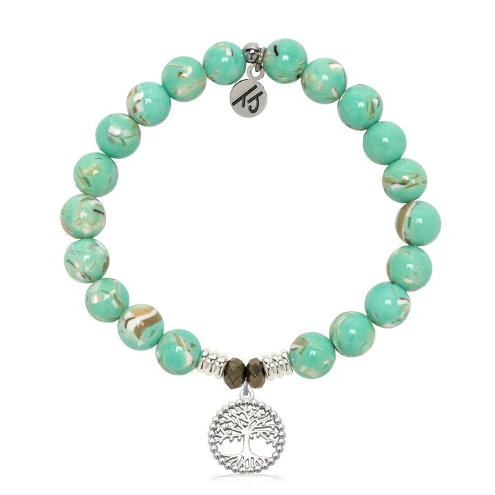 Light Green Shell Stone Bracelet with Family Tree Sterling Silver Charm