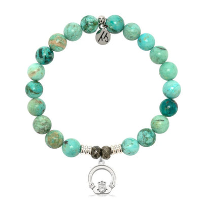 Peruvian Turquoise Gemstone Bracelet with Claddagh Sterling Silver Charm