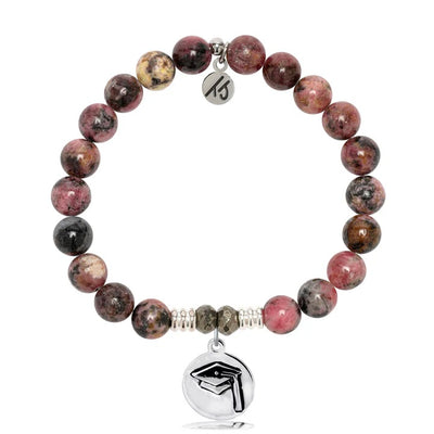 Pink Rhodonite Stone Bracelet with Grad Cap Sterling Silver Charm