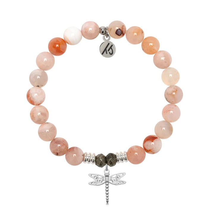 Sakura Agate Gemstone Bracelet with Dragonfly Sterling Silver Charm