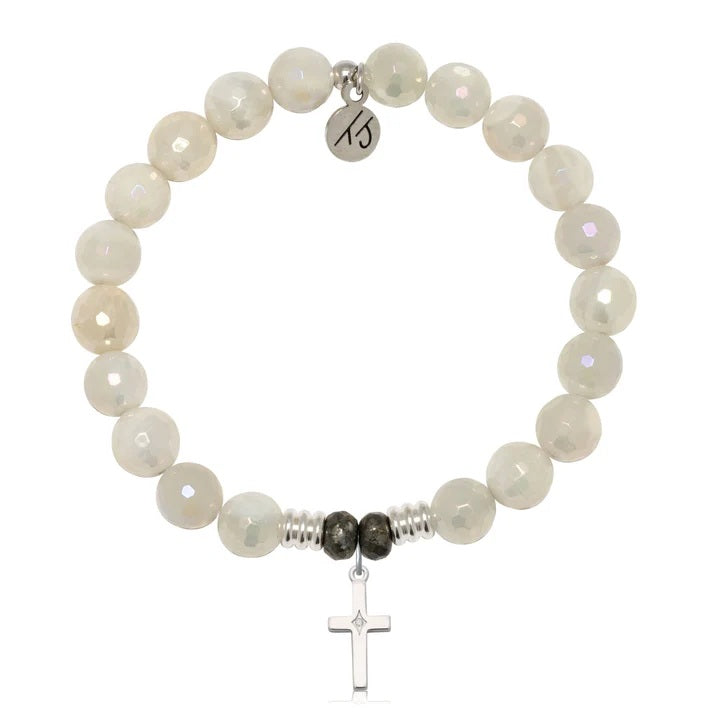 Moonstone Gemstone Bracelet with Cross CZ Sterling Silver Charm