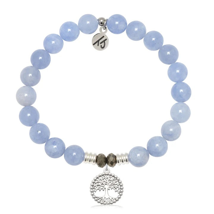 Sky Blue Jade Gemstone Bracelet with Family Tree Sterling Silver Charm