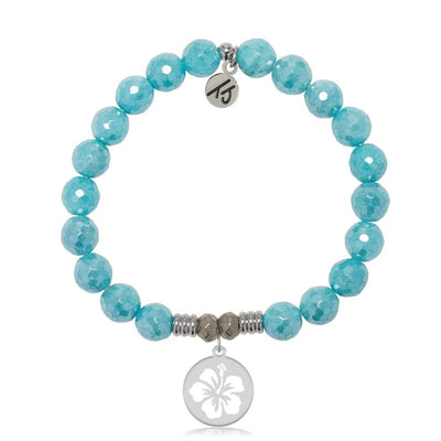 Blue Amazonite Stone Bracelet with Hibiscus Sterling Silver Charm