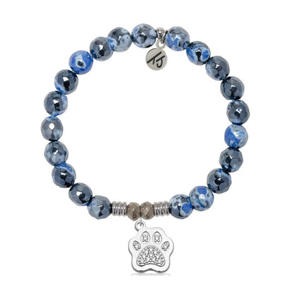 Denim Blue Agate Gemstone Bracelet with Paw CZ Sterling Silver Charm