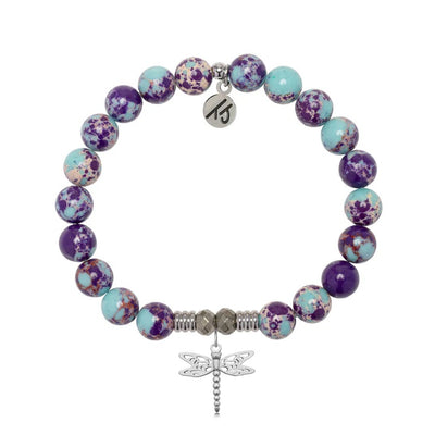 Purple Blue Jasper Stone Bracelet with Dragonfly Sterling Silver Charm