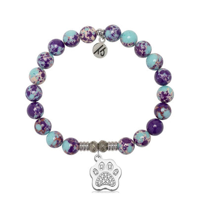 Purple Blue Jasper Gemstone Bracelet with Paw CZ Sterling Silver Charm