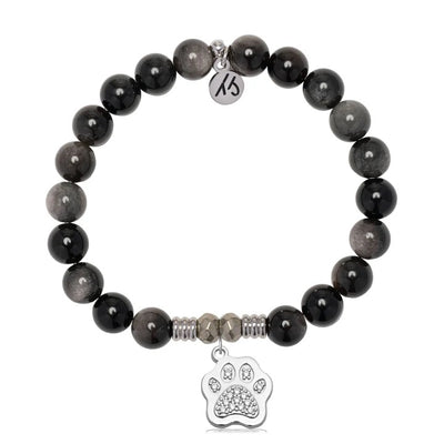 Silver Obsidian Gemstone Bracelet with Paw CZ Sterling Silver Charm