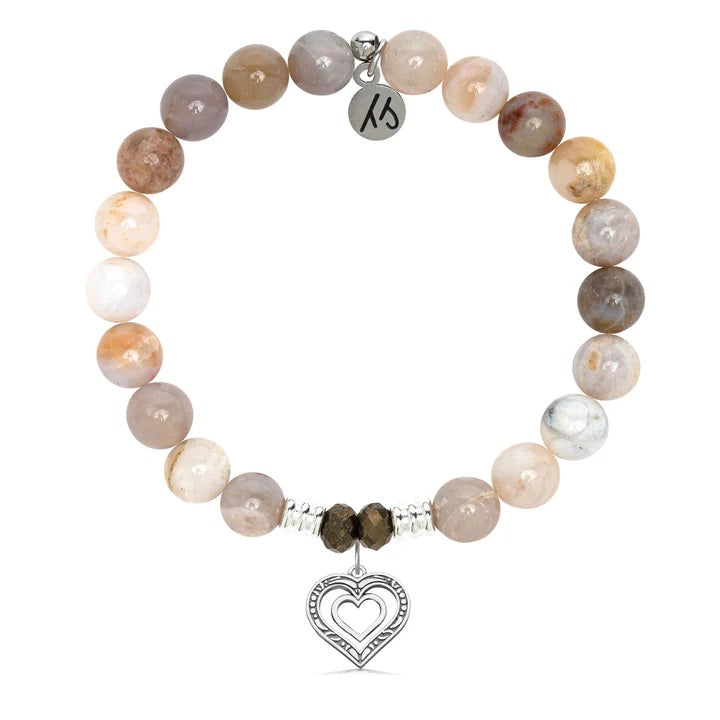 Australian Agate Gemstone Bracelet with Family Heart Cutout Sterling Silver Charm