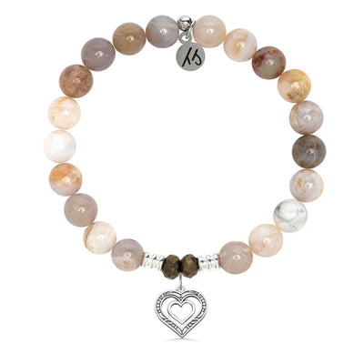 Australian Agate Gemstone Bracelet with Family Heart Cutout Sterling Silver Charm