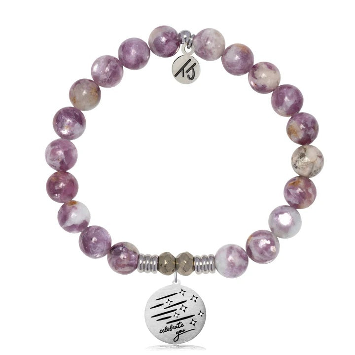 Lepidolite Quartz Gemstone Bracelet with Birthday Wishes Sterling Silver Charm