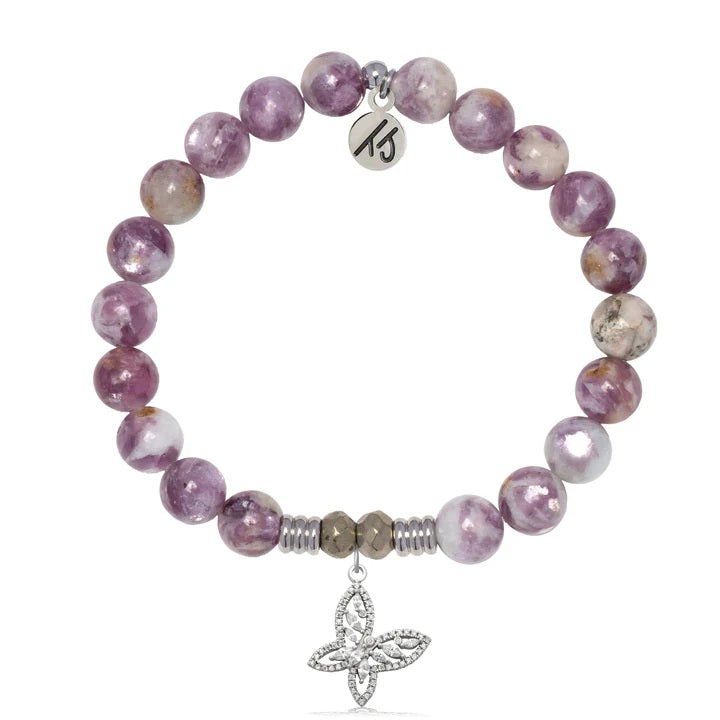 Lepidolite Quartz Gemstone Bracelet with Butterfly CZ Sterling Silver Charm