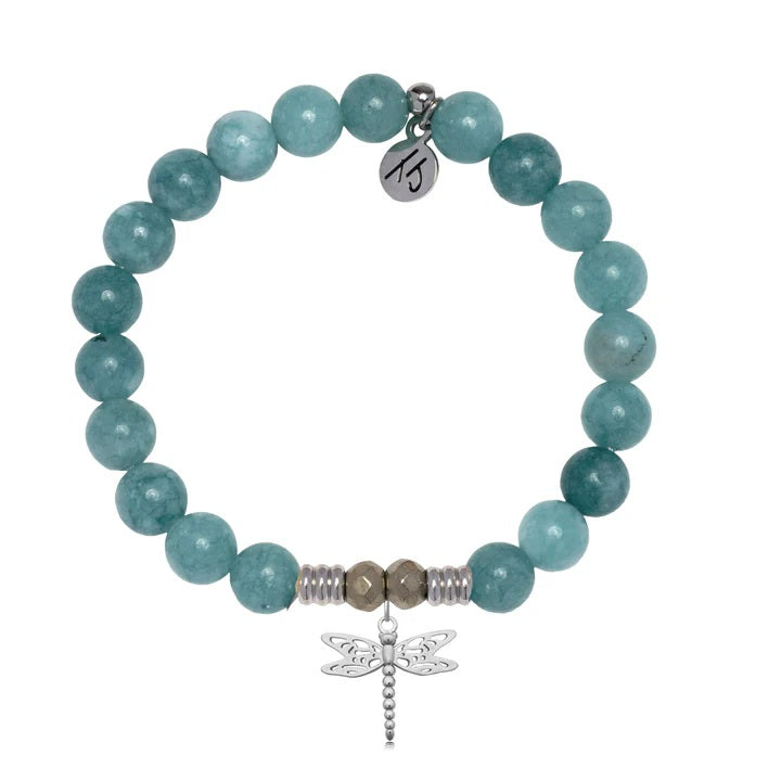 Mountain Blue Jade Gemstone Bracelet with Dragonfly Sterling Silver Charm