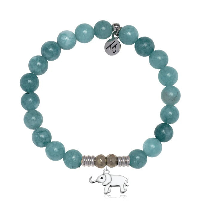 Mountain Blue Jade Gemstone Bracelet with Lucky Elephant Cutout Sterling Silver Charm