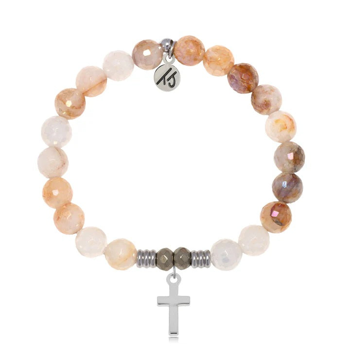 Sunset Quartz Gemstone Bracelet with Cross Sterling Silver Charm
