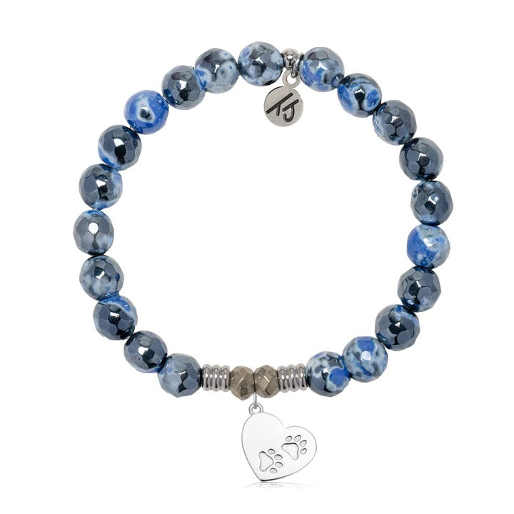 Denim Blue Agate Gemstone Bracelet with Paws of Love Sterling Silver Charm