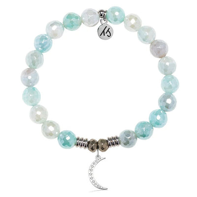 Aqua Agate Gemstone Bracelet with Friendship Moon Sterling Silver Charm