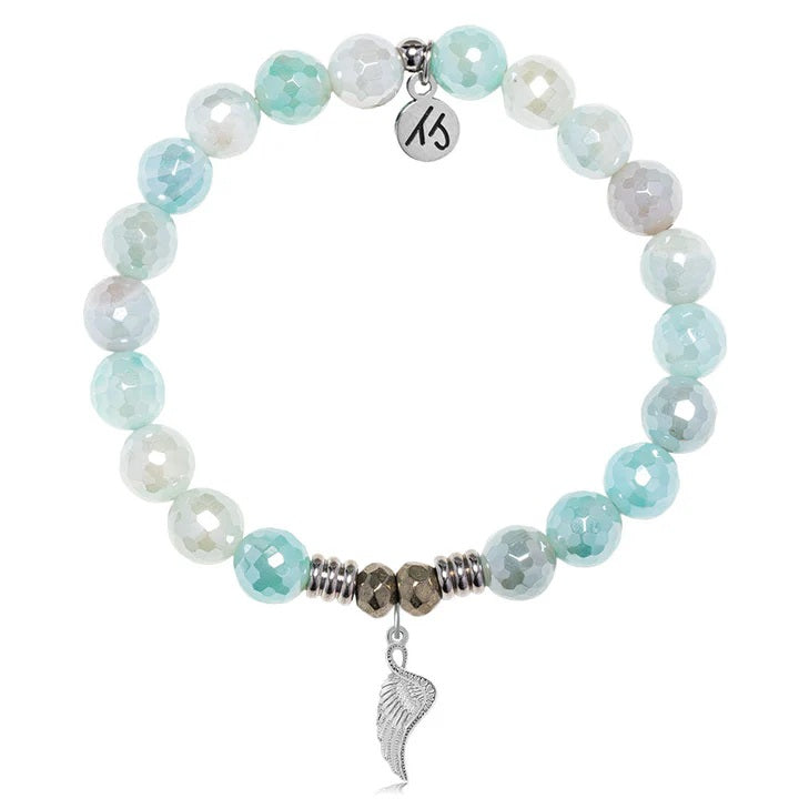 Aqua Agate Gemstone Bracelet with Angel Blessings Sterling Silver Charm
